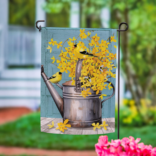 Forsythia Finch Watering Can Suede Garden Flag