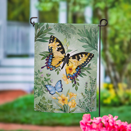 Cottage Garden Green & Yellow Florals Monarch Butterfly Suede Garden Flag