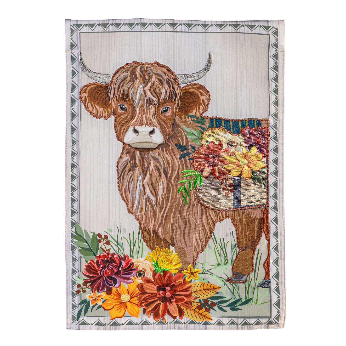 Highland Cow Fall Floral Applique House Flag