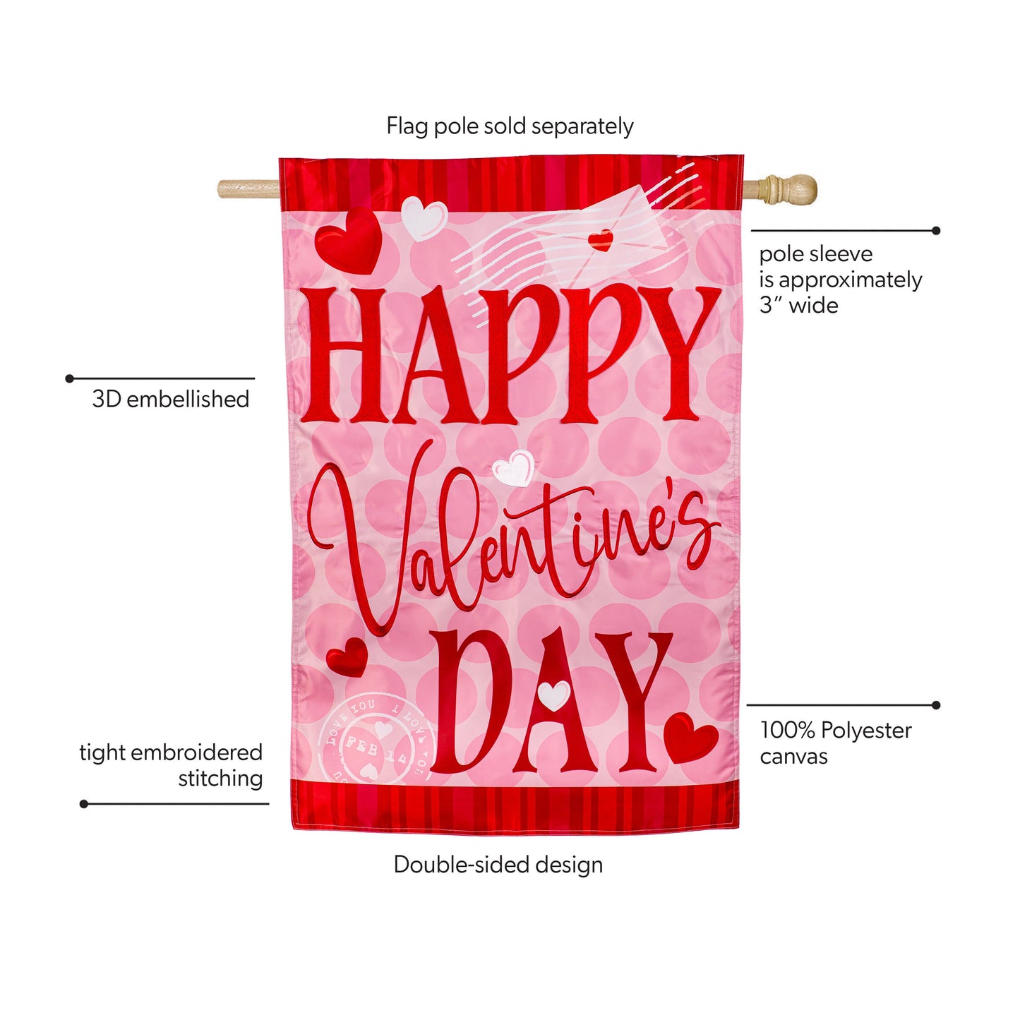 Happy Valentine's Day Hearts Applique House Flag