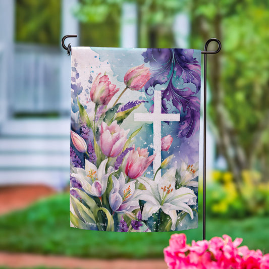 Tulip & Easter Lily Cross Suede Garden Flag