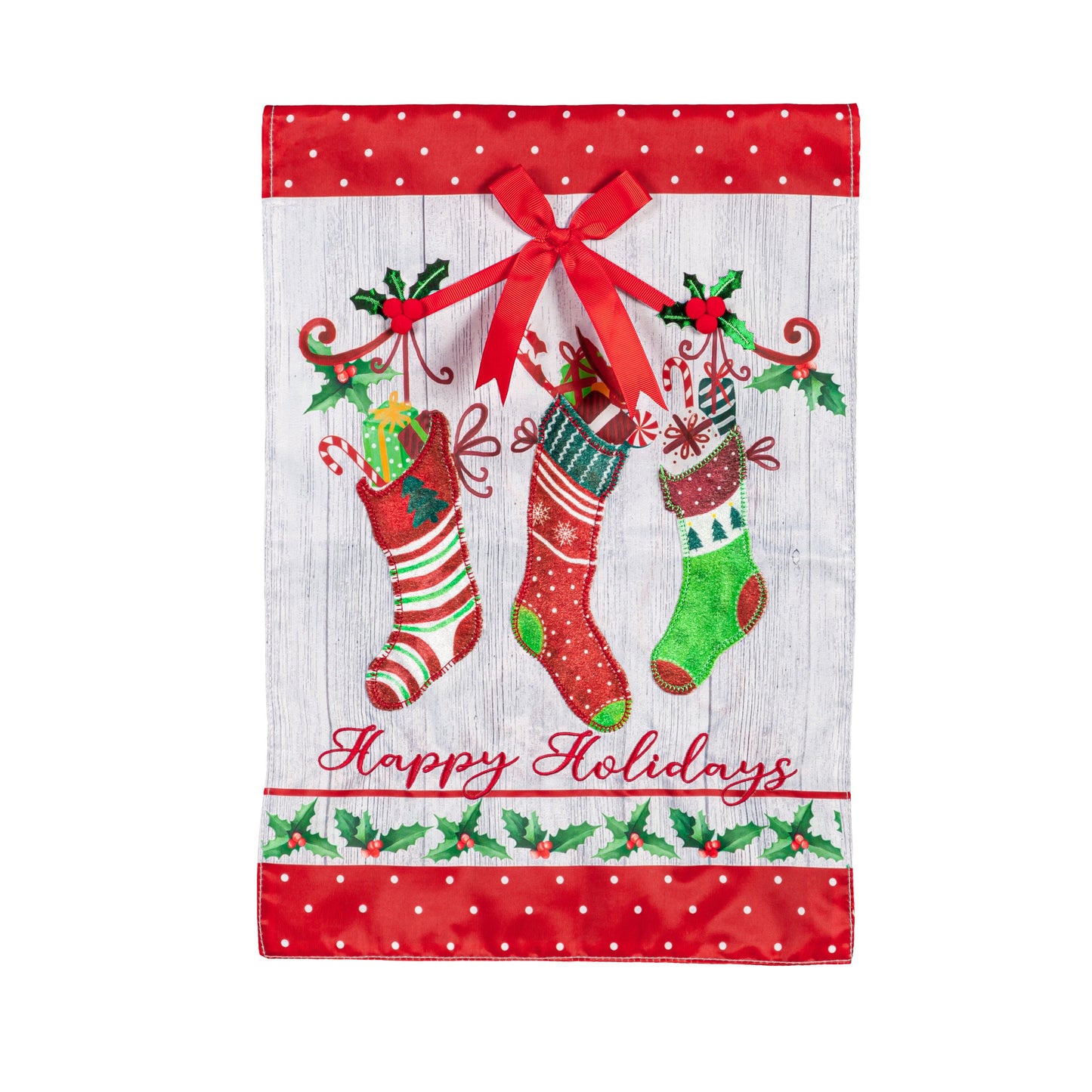 Happy Holidays Stocking Applique Garden Flag