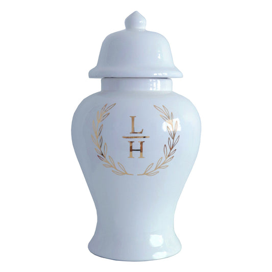 Laurel Wreath Monogram Ginger Jars in Hydrangea Light Blue