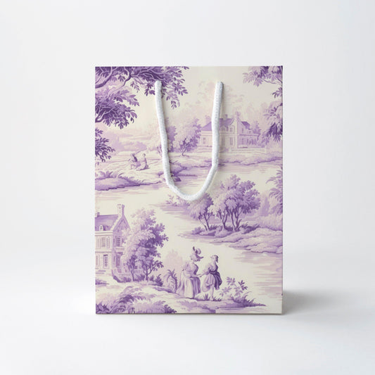 a purple and white bag with a landscape design