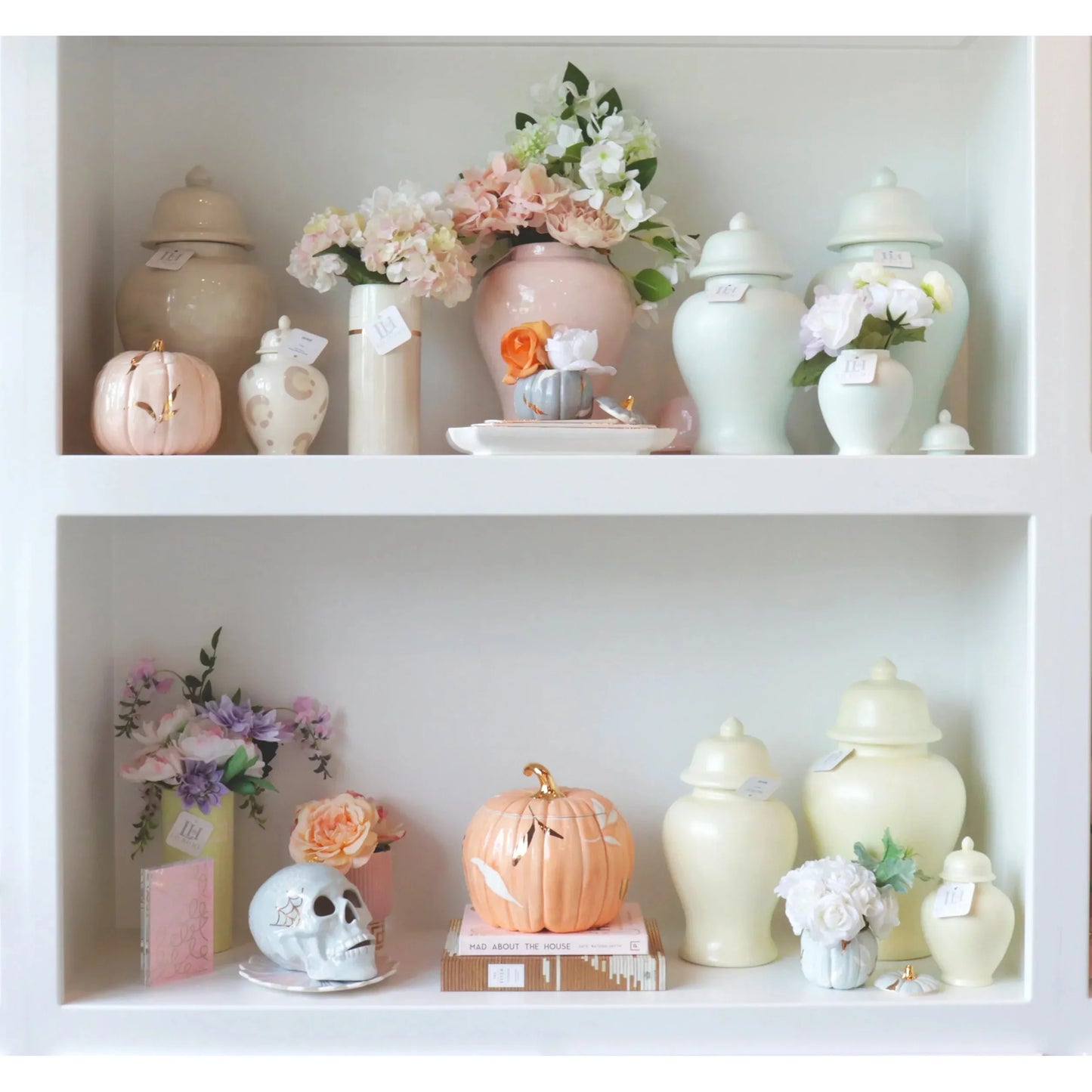 Layered Leaves Pumpkin Jars with 22K Gold Accents in Light Blue