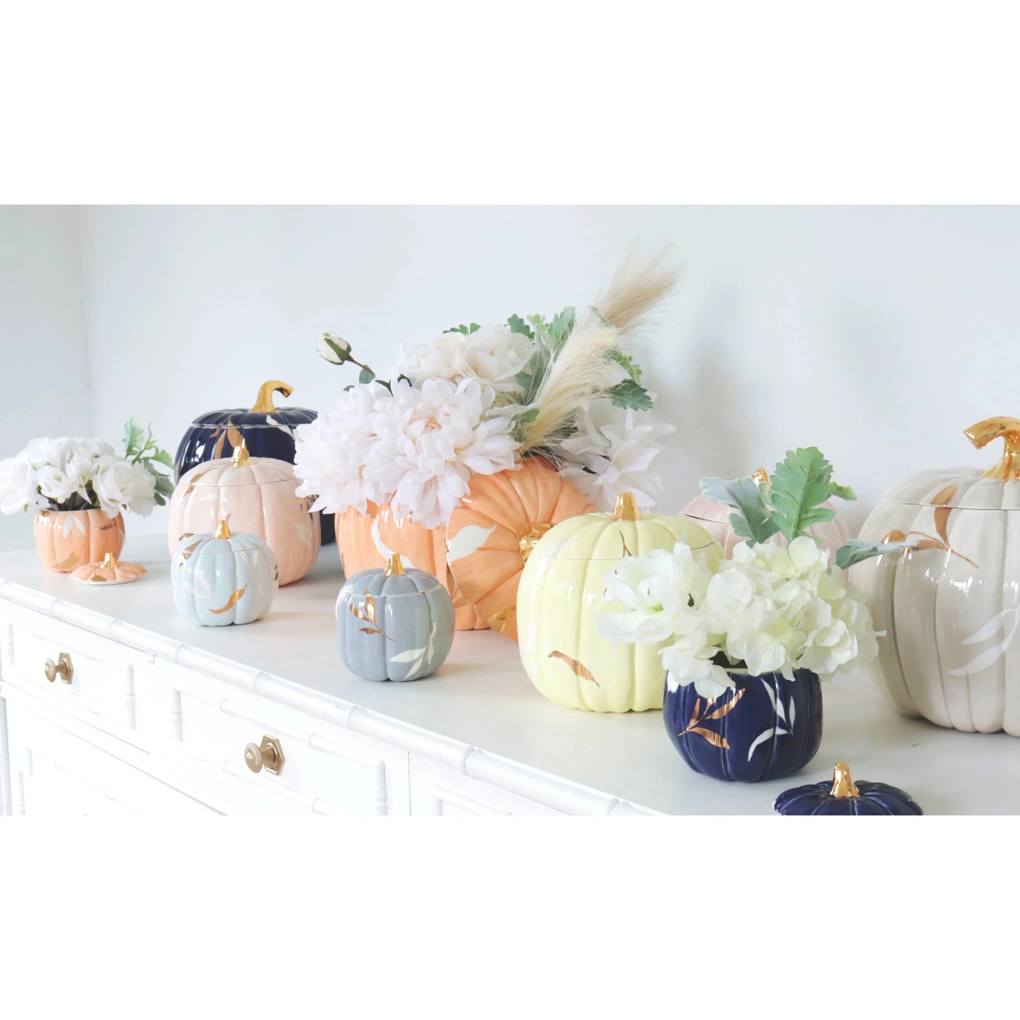 Layered Leaves Pumpkin Jars with 22K Gold Accents in Navy Blue