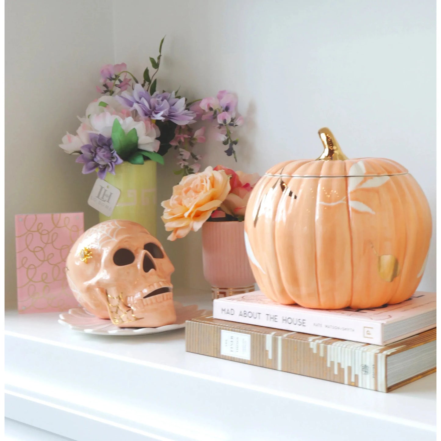Layered Leaves Pumpkin Jars with 22K Gold Accents in Sheer Orange