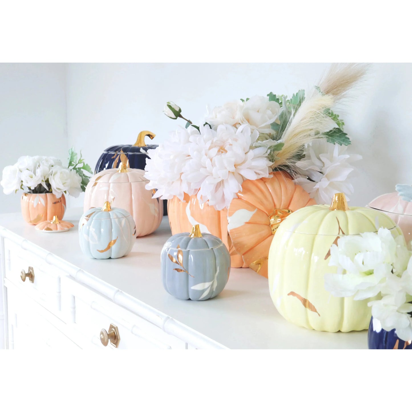 Layered Leaves Pumpkin Jars with 22K Gold Accents in Yellow