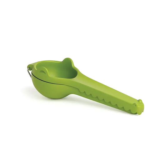 a green plastic scoop with a long handle