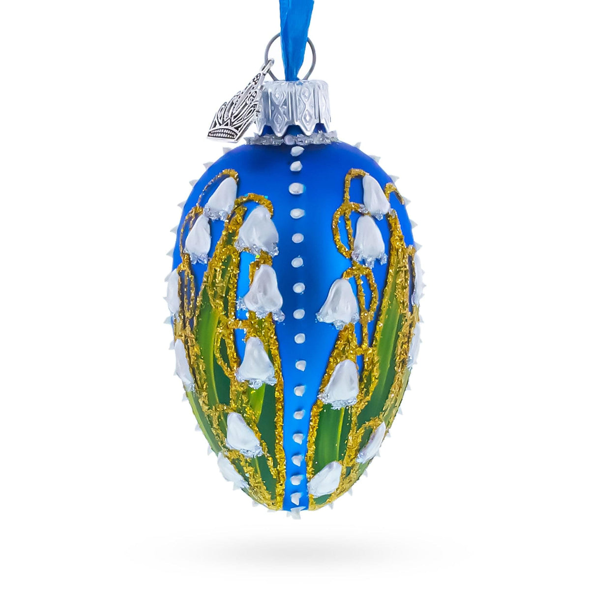 Lilies of the Valley on Blue Royal Mini Red Glass Egg Ornament