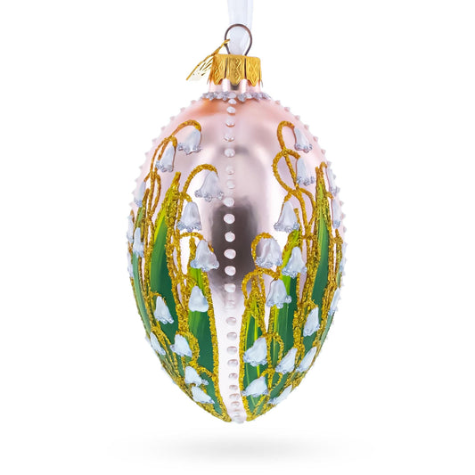Lily of the Valley on Frosted Rose Egg Glass Ornament 4 Inches