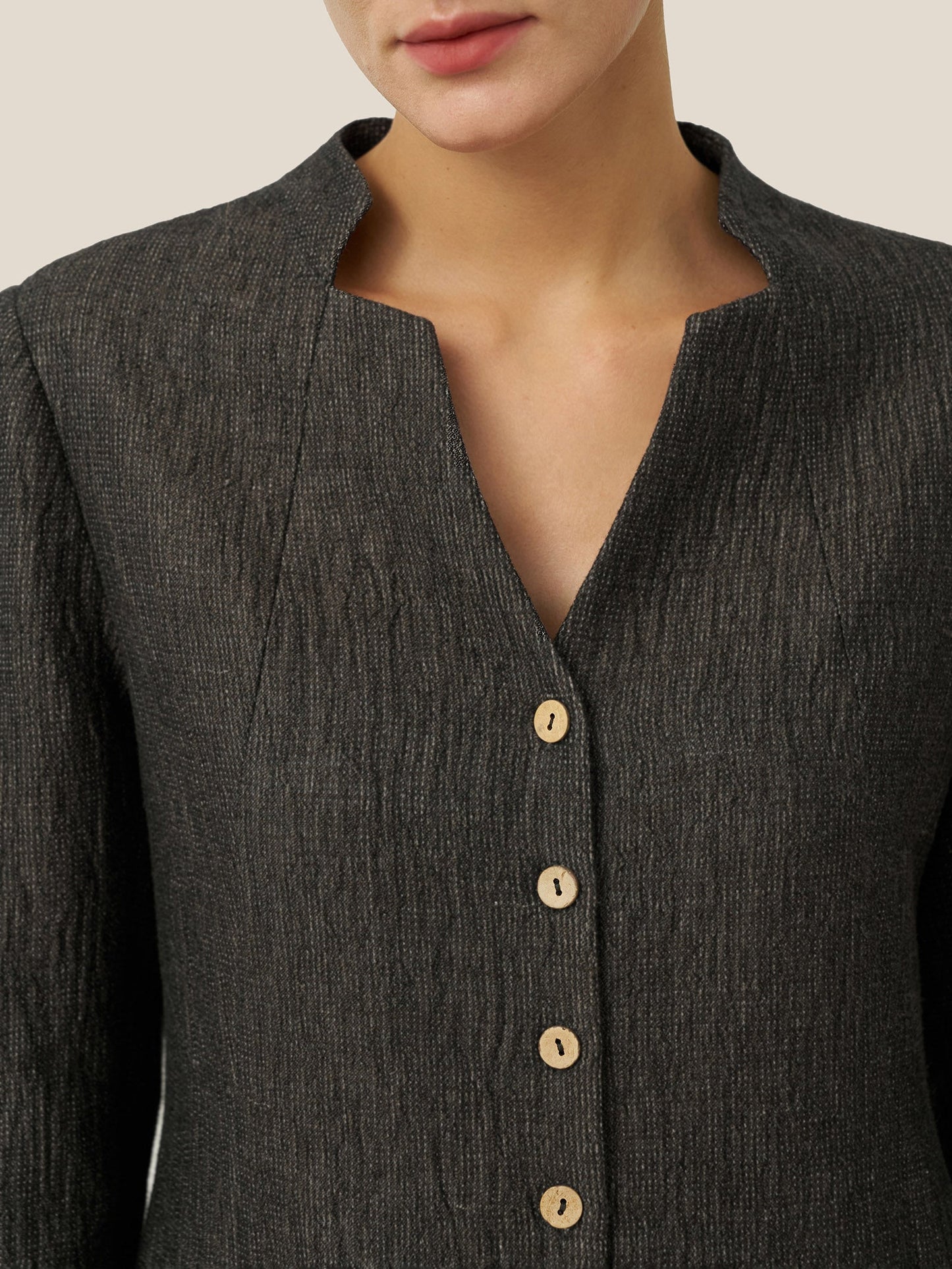 Linen Mandarin Collar Button-Up Long Shirt Jacket JORDAN