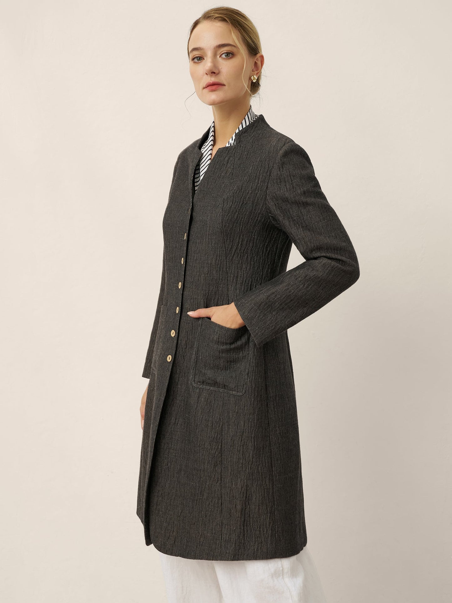 Linen Mandarin Collar Button-Up Long Shirt Jacket JORDAN
