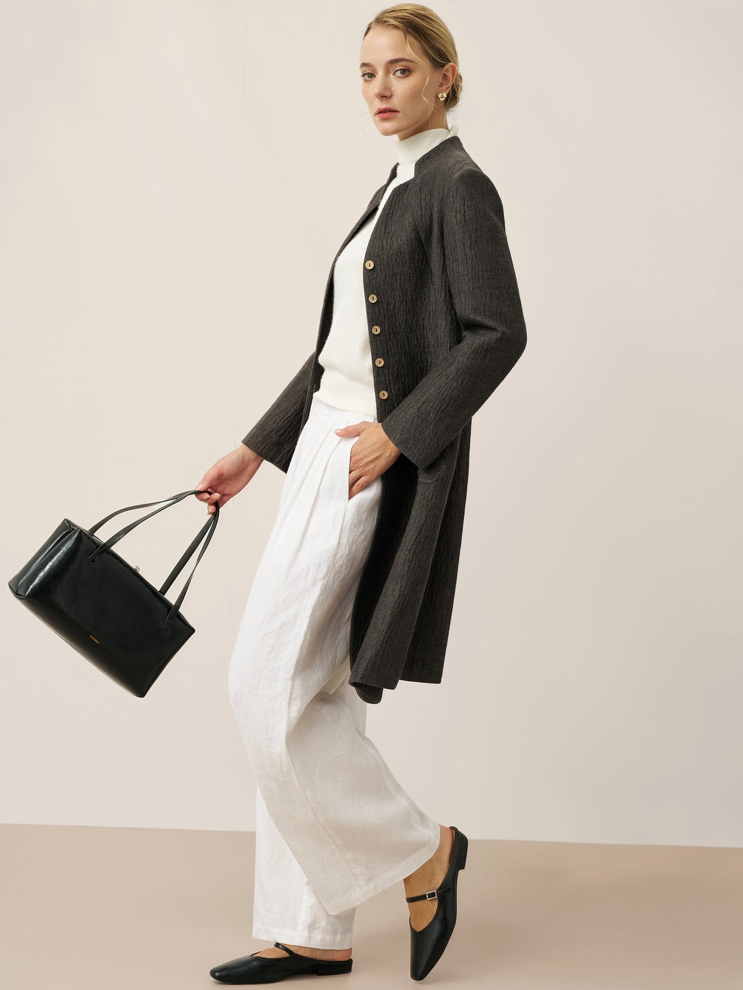 Linen Mandarin Collar Button-Up Long Shirt Jacket JORDAN