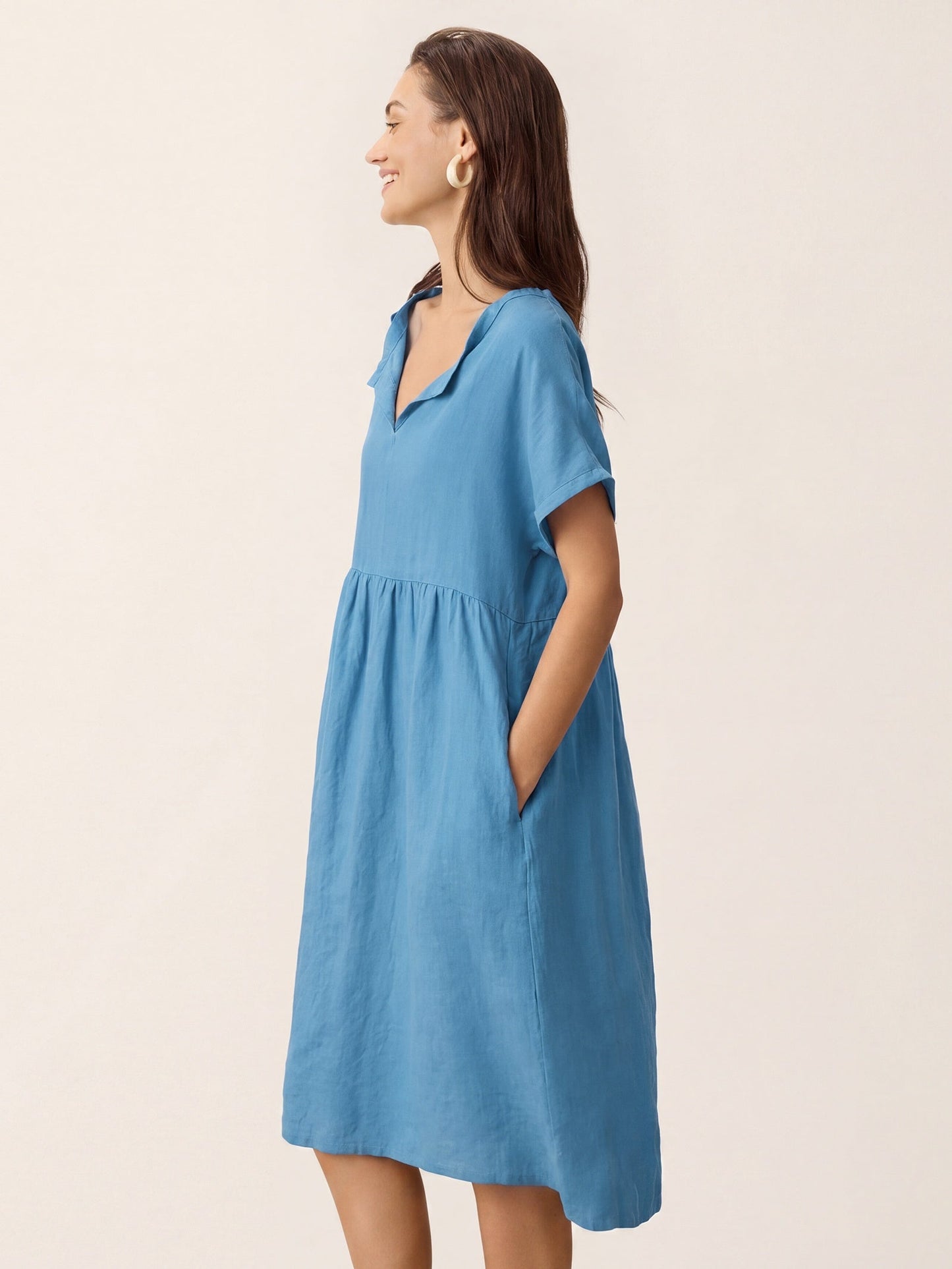 Linen Gathered-Hem Split-Neck Mini Dress SYDNEY