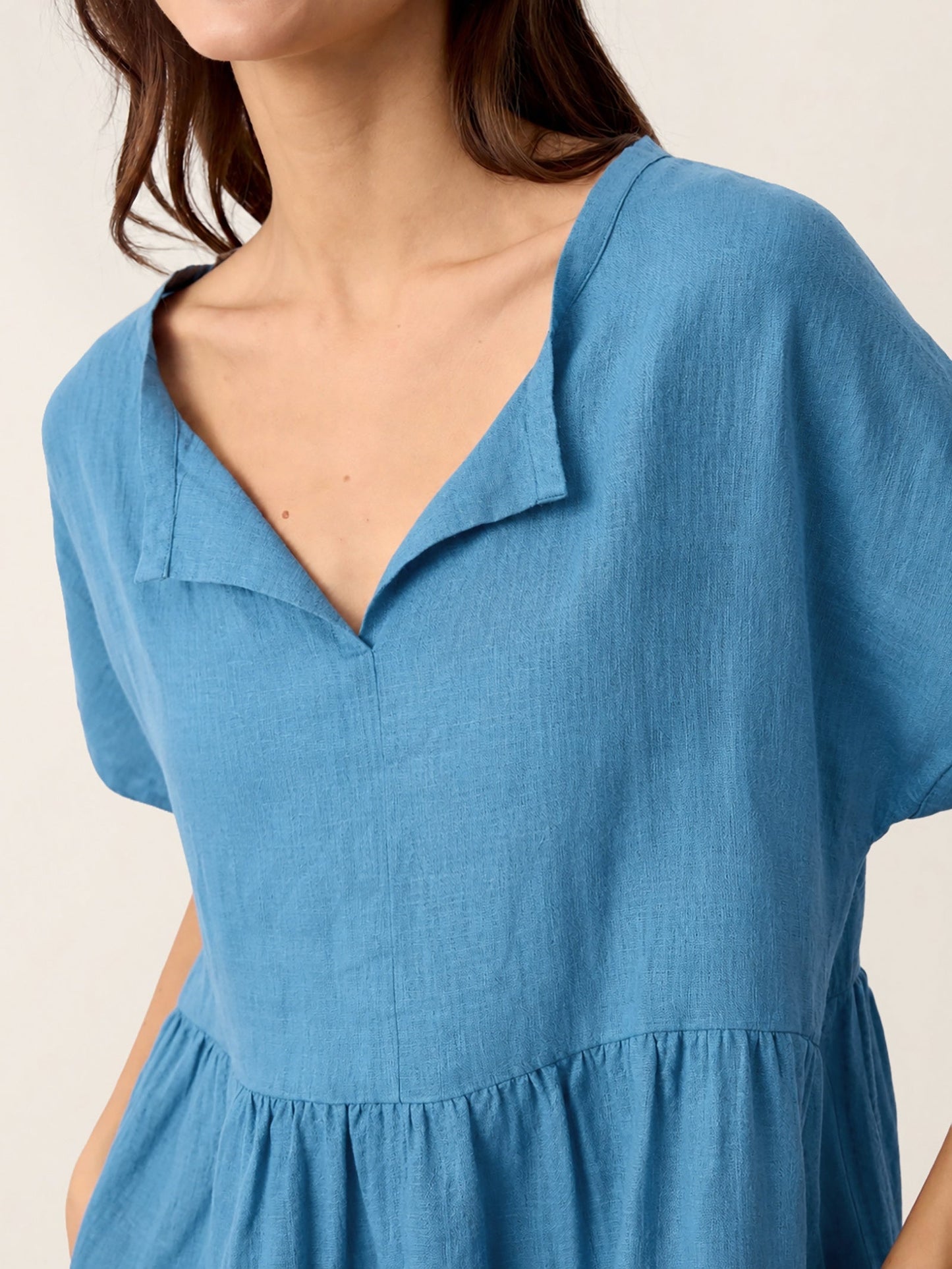 Linen Gathered-Hem Split-Neck Mini Dress SYDNEY