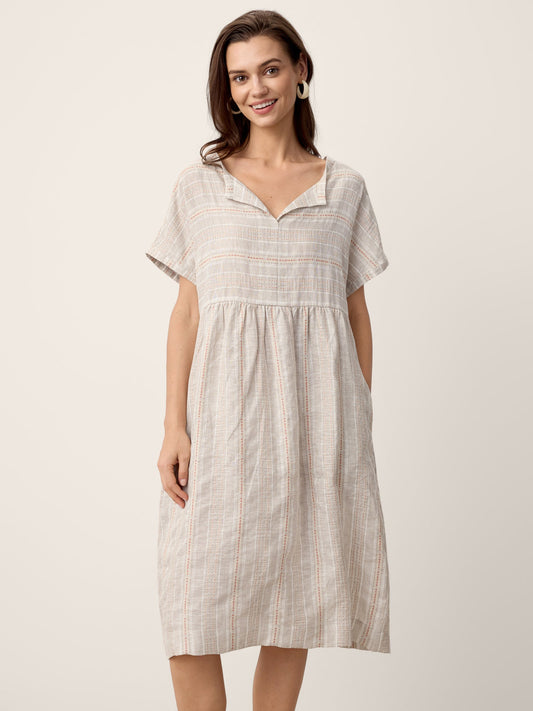 Linen Gathered-Hem Split-Neck Mini Dress SYDNEY