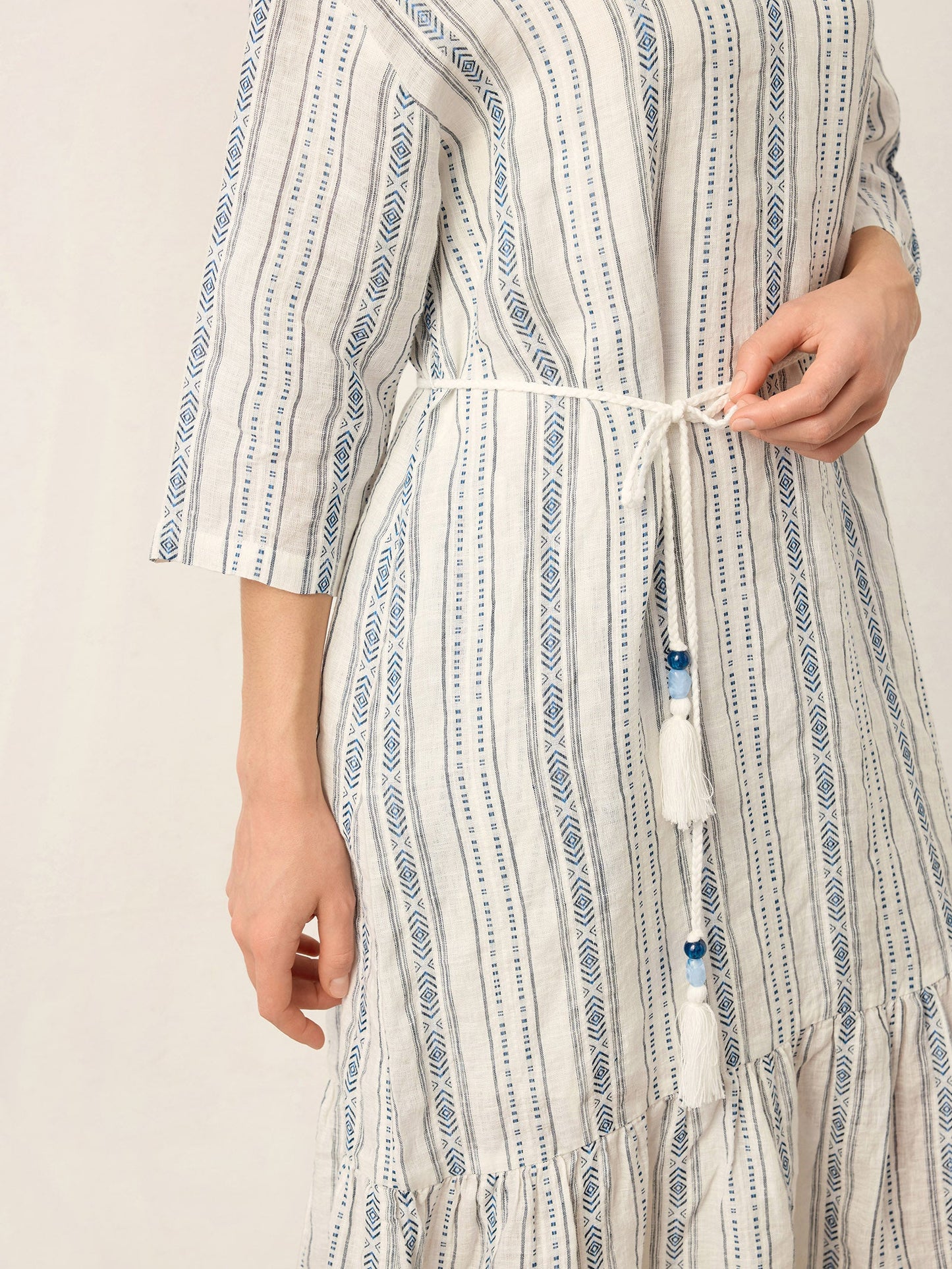 Linen Tribal Stripe Split Neck Bohemian Ruffle Midi Dress with Woven Belt and Slip MARLOWE