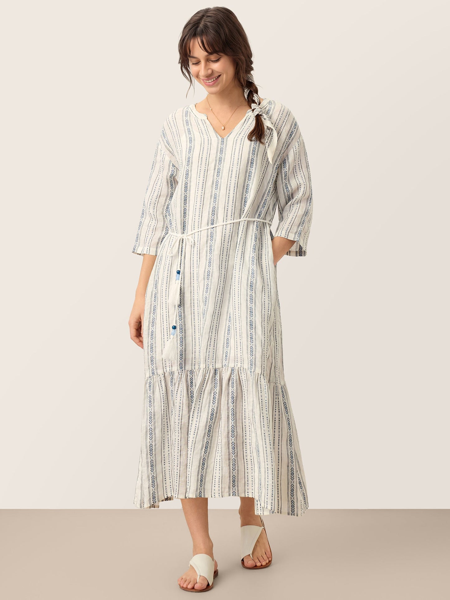 Linen Tribal Stripe Split Neck Bohemian Ruffle Midi Dress with Woven Belt and Slip MARLOWE