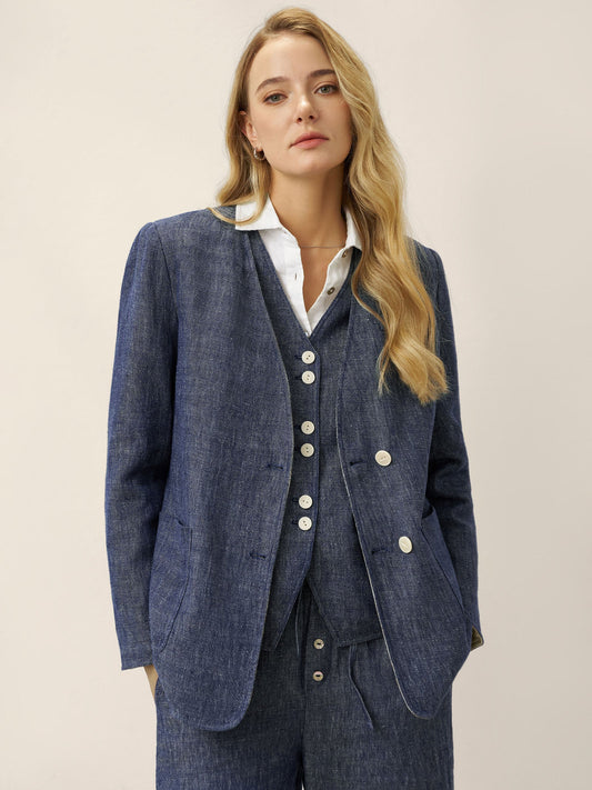 Linen Reversible Denim Texture V Neck Jacket ELLIE