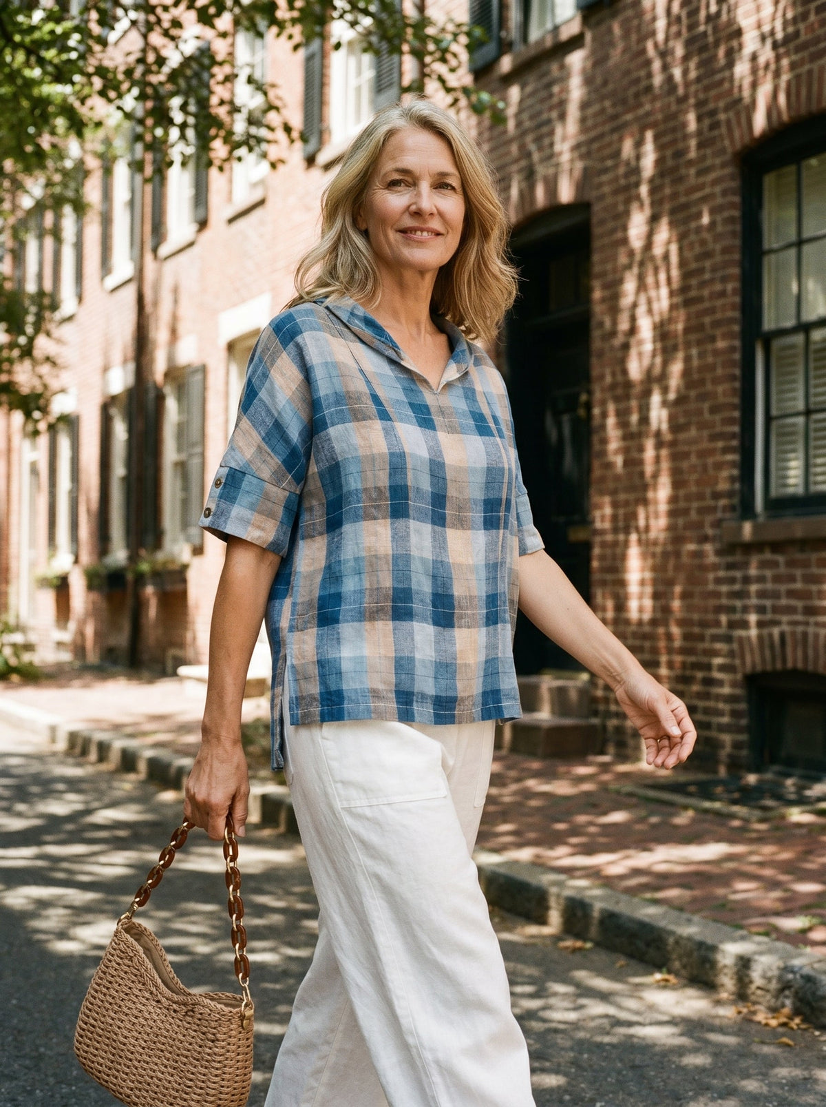 a woman walking on a street