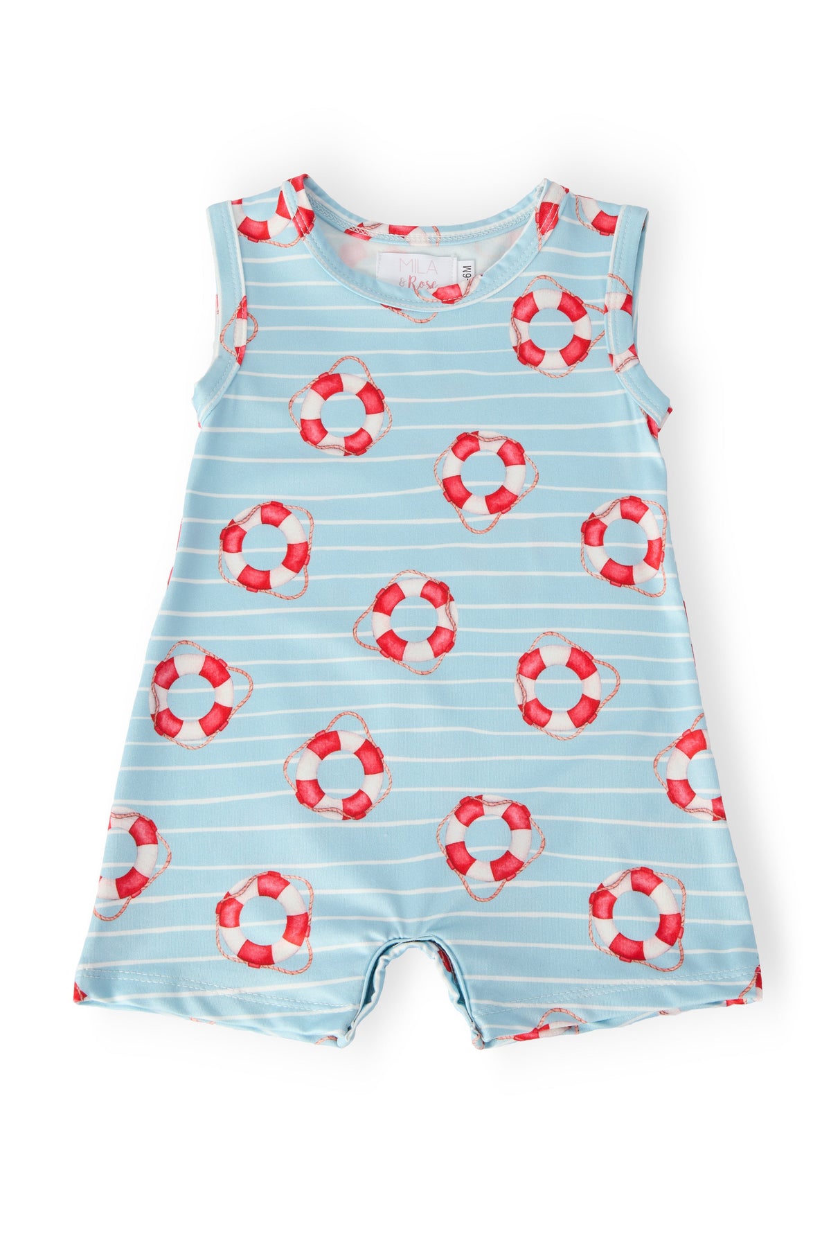a blue and white striped romper with red and white lifebuoy designs