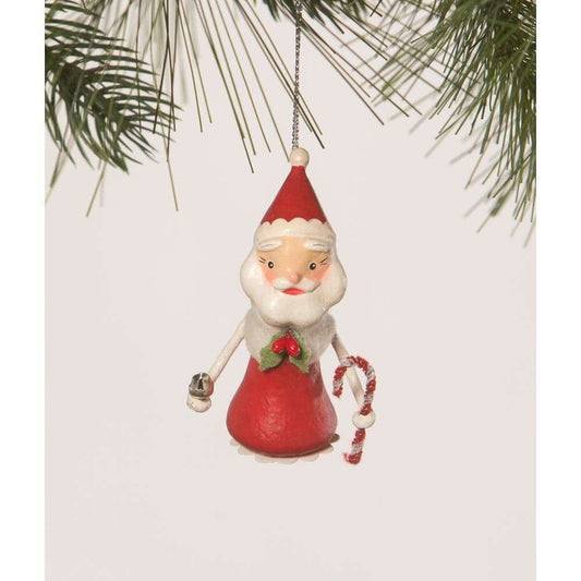 a santa claus ornament from a tree branch