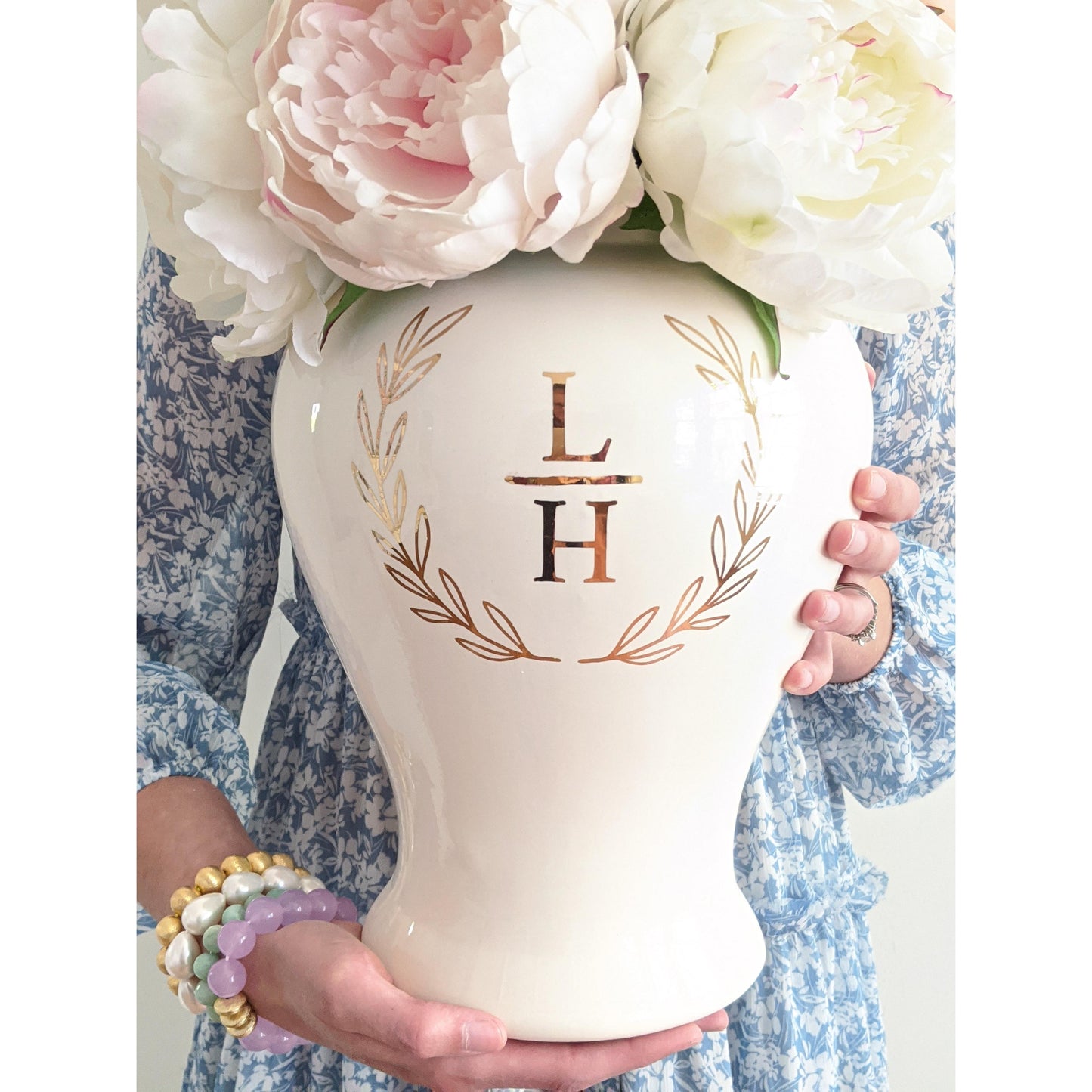 Laurel Wreath Monogram Ginger Jars in French Blue