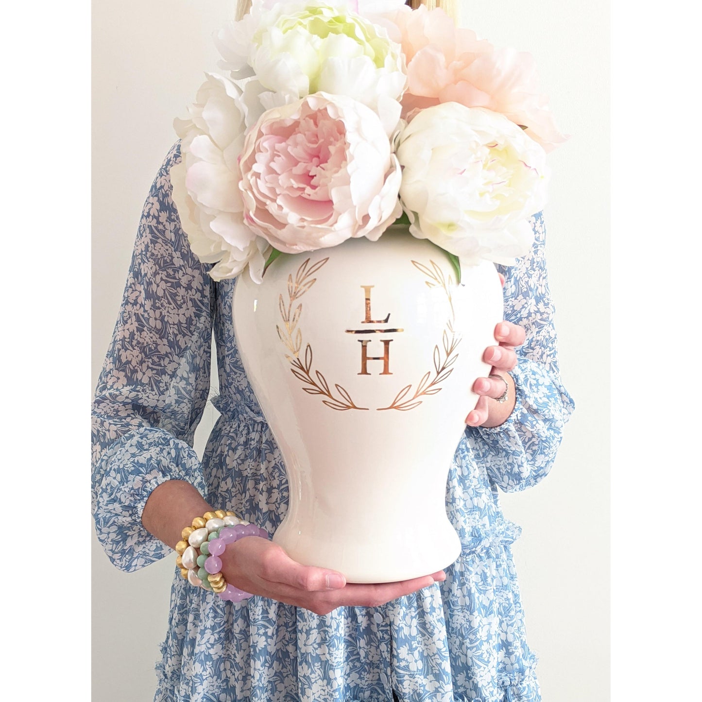 Laurel Wreath Monogram Ginger Jars in French Blue