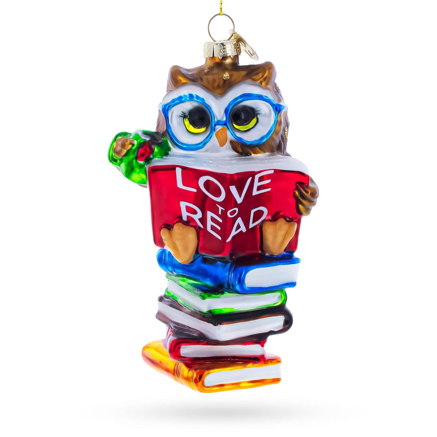 Love to Read Wise Owl with Books Glass Christmas Ornament