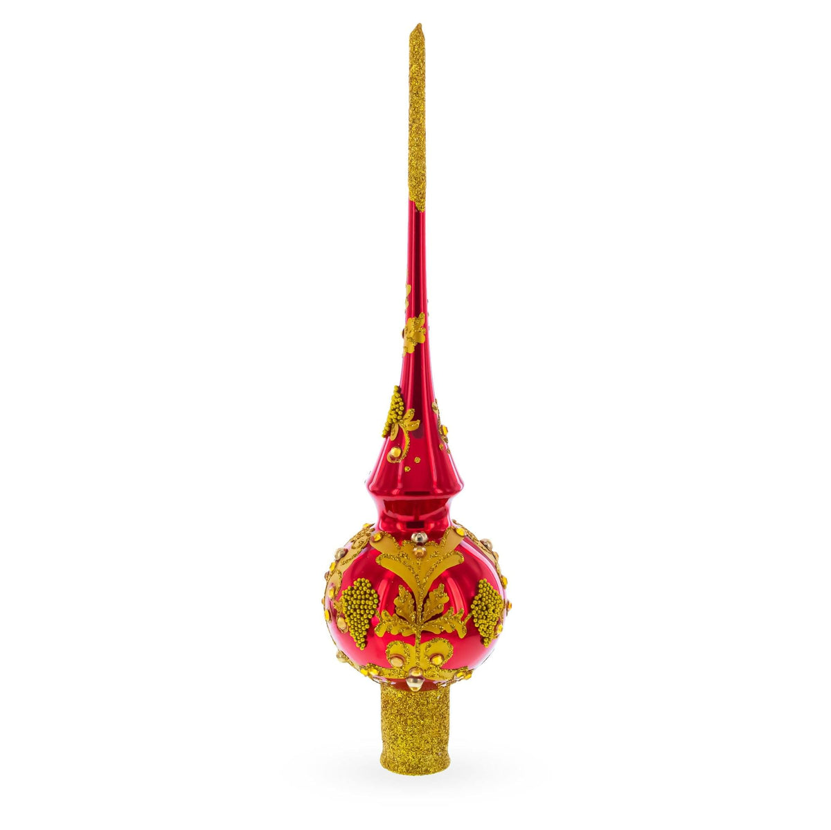 Luxurious Crimson Red with Golden Glitter Glass Christmas Tree Topper 11 Inches