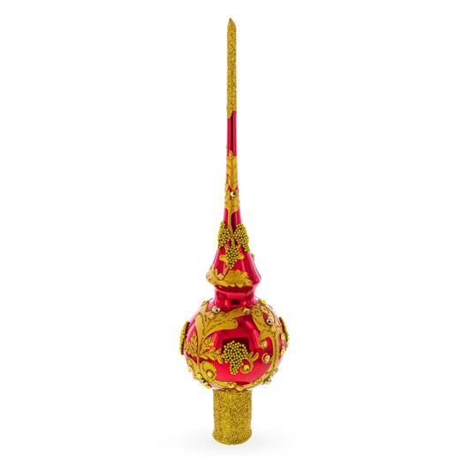 Luxurious Crimson Red with Golden Glitter Glass Christmas Tree Topper 11 Inches