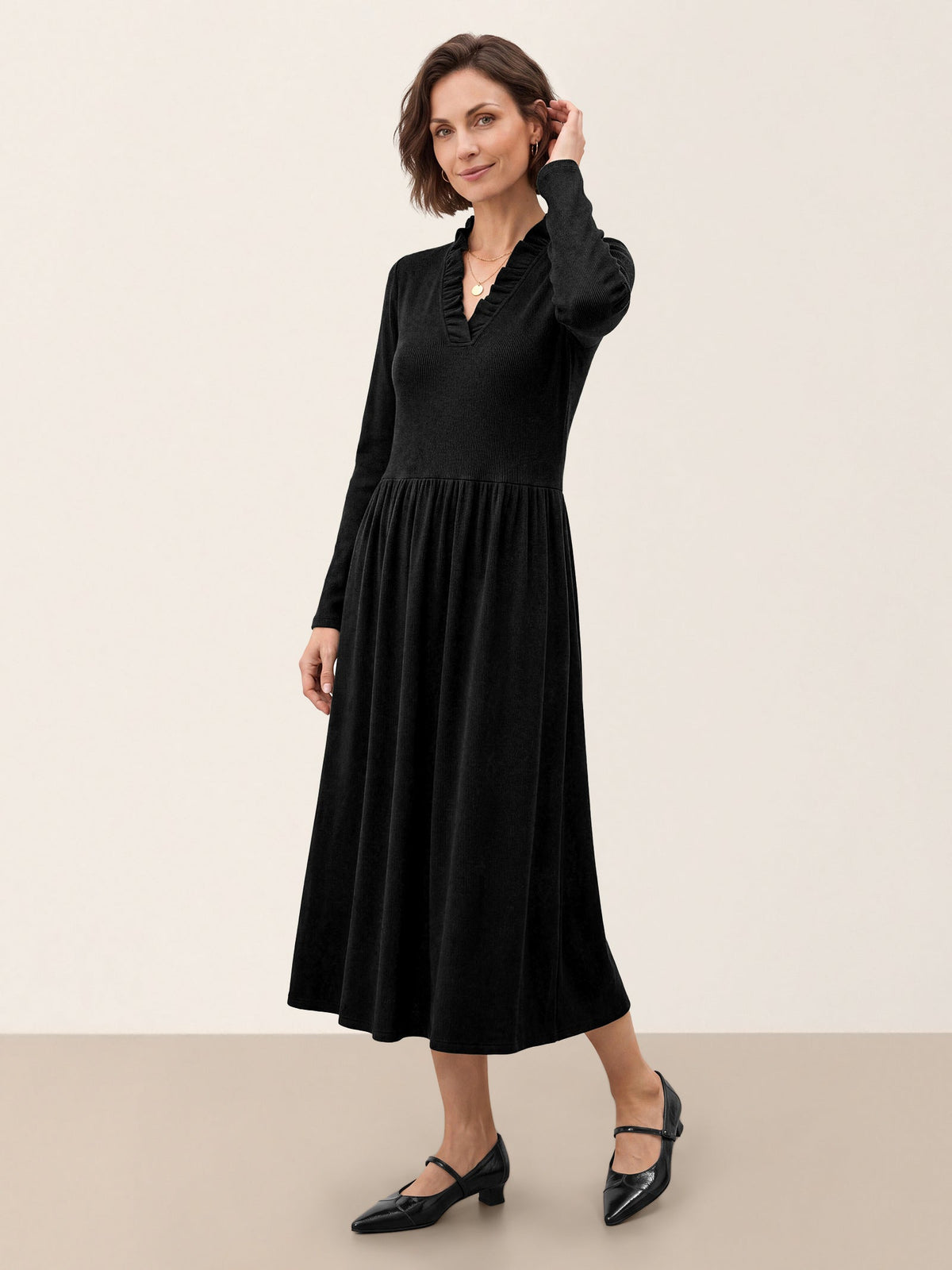 Lyocell Ruffle V-Neck Gathered Waist Knit Midi Dress BRIELLE