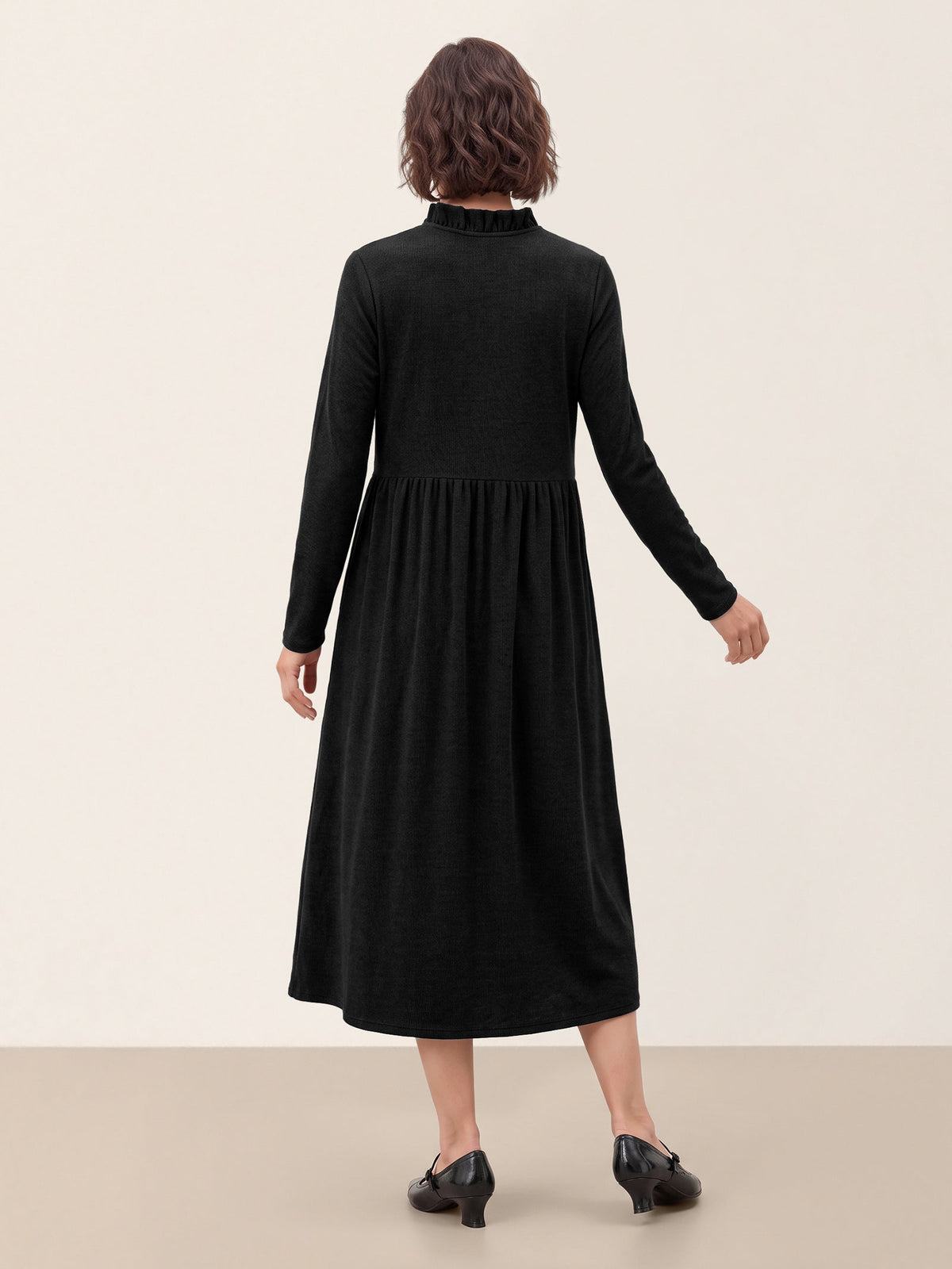 Lyocell Ruffle V-Neck Gathered Waist Knit Midi Dress BRIELLE
