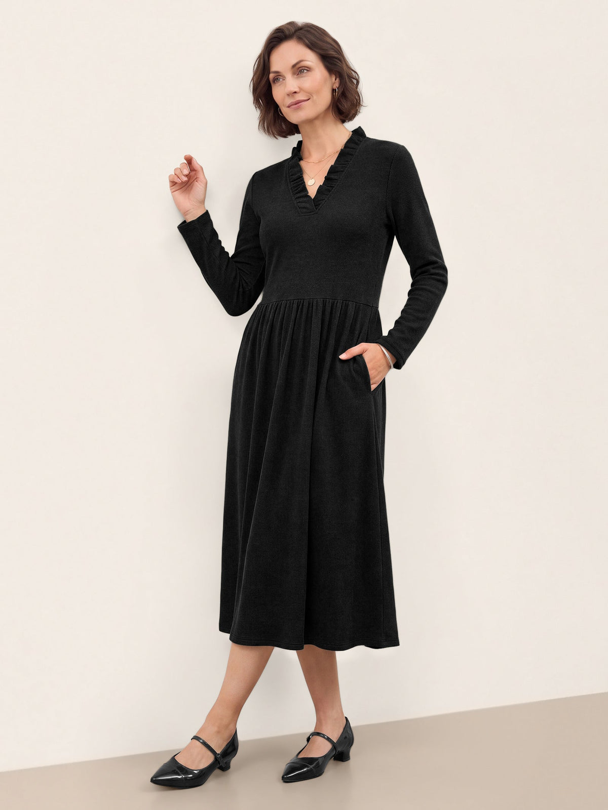 Lyocell Ruffle V-Neck Gathered Waist Knit Midi Dress BRIELLE