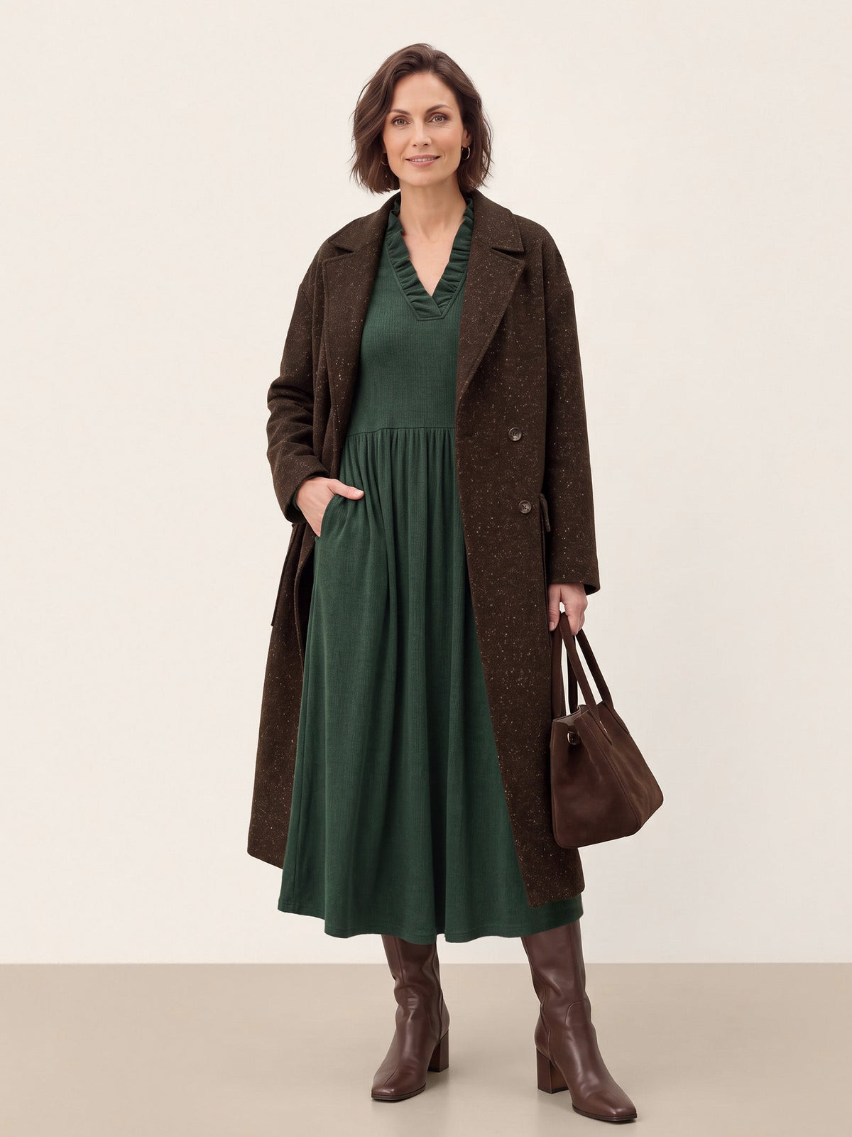 Lyocell Ruffle V-Neck Gathered Waist Knit Midi Dress BRIELLE