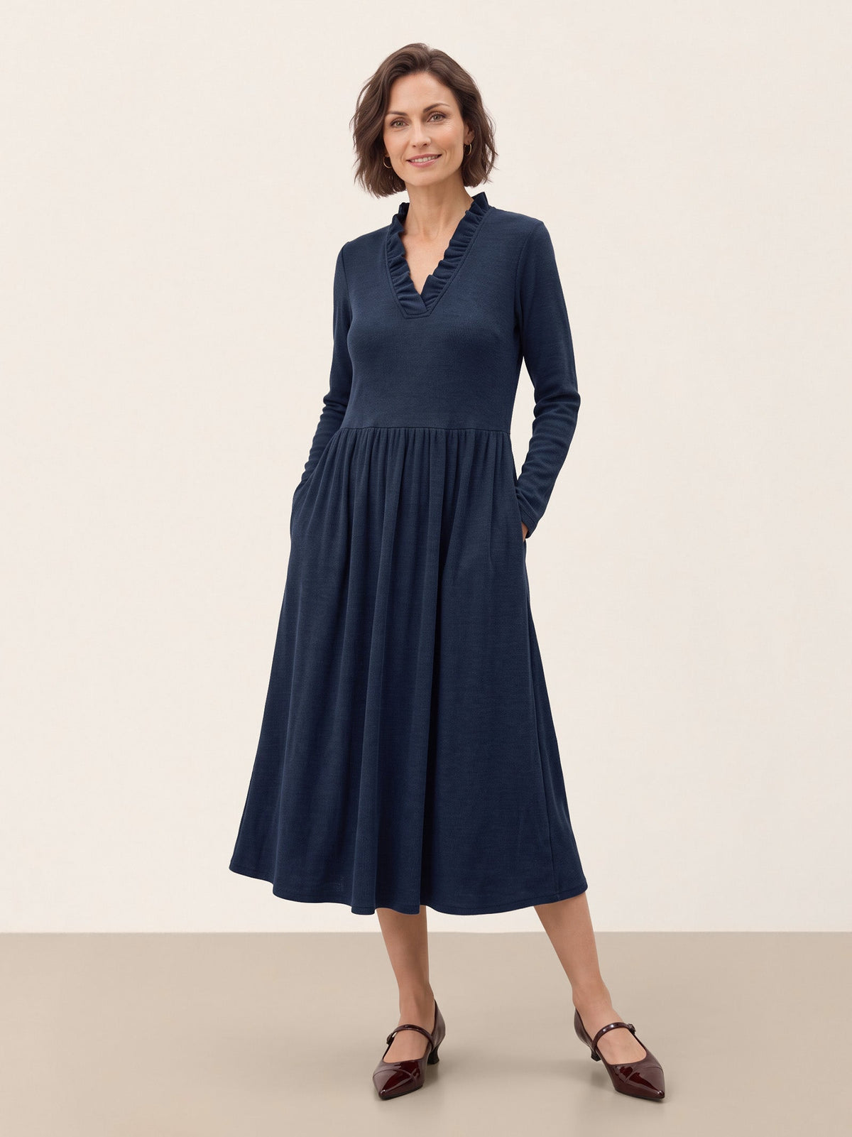 Lyocell Ruffle V-Neck Gathered Waist Knit Midi Dress BRIELLE