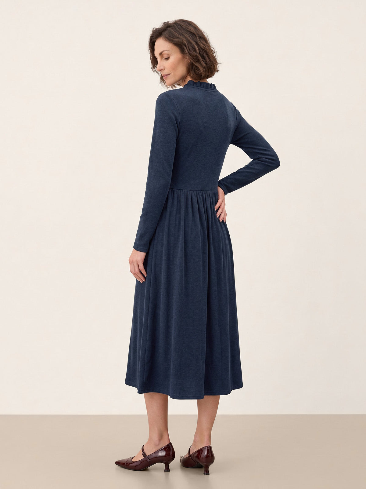 Lyocell Ruffle V-Neck Gathered Waist Knit Midi Dress BRIELLE