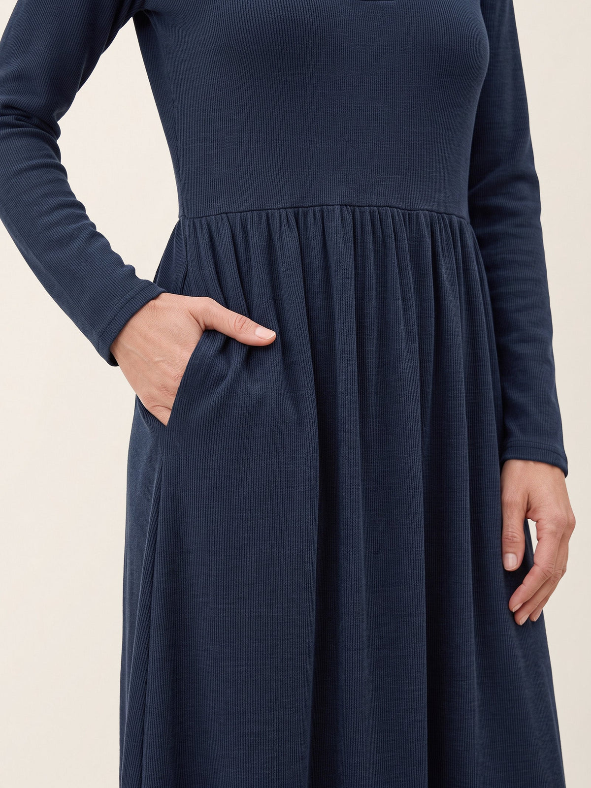 Lyocell Ruffle V-Neck Gathered Waist Knit Midi Dress BRIELLE