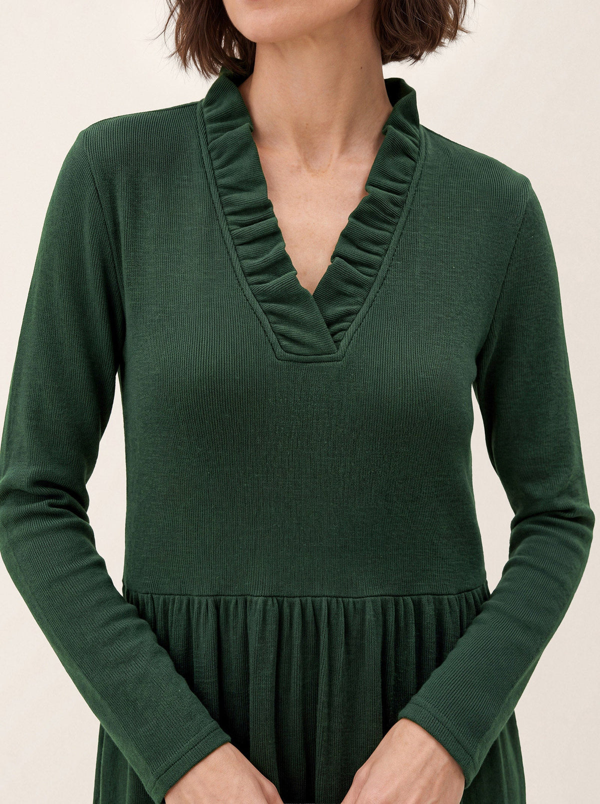 Lyocell Ruffle V-Neck Gathered Waist Knit Midi Dress BRIELLE
