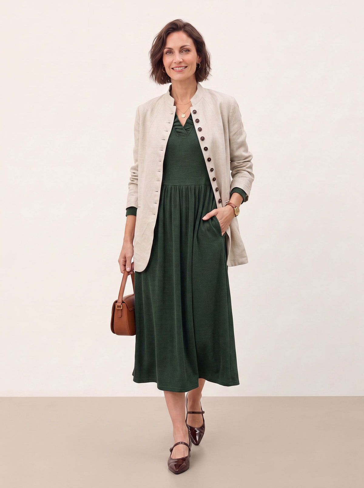 Lyocell Ruffle V-Neck Gathered Waist Knit Midi Dress BRIELLE