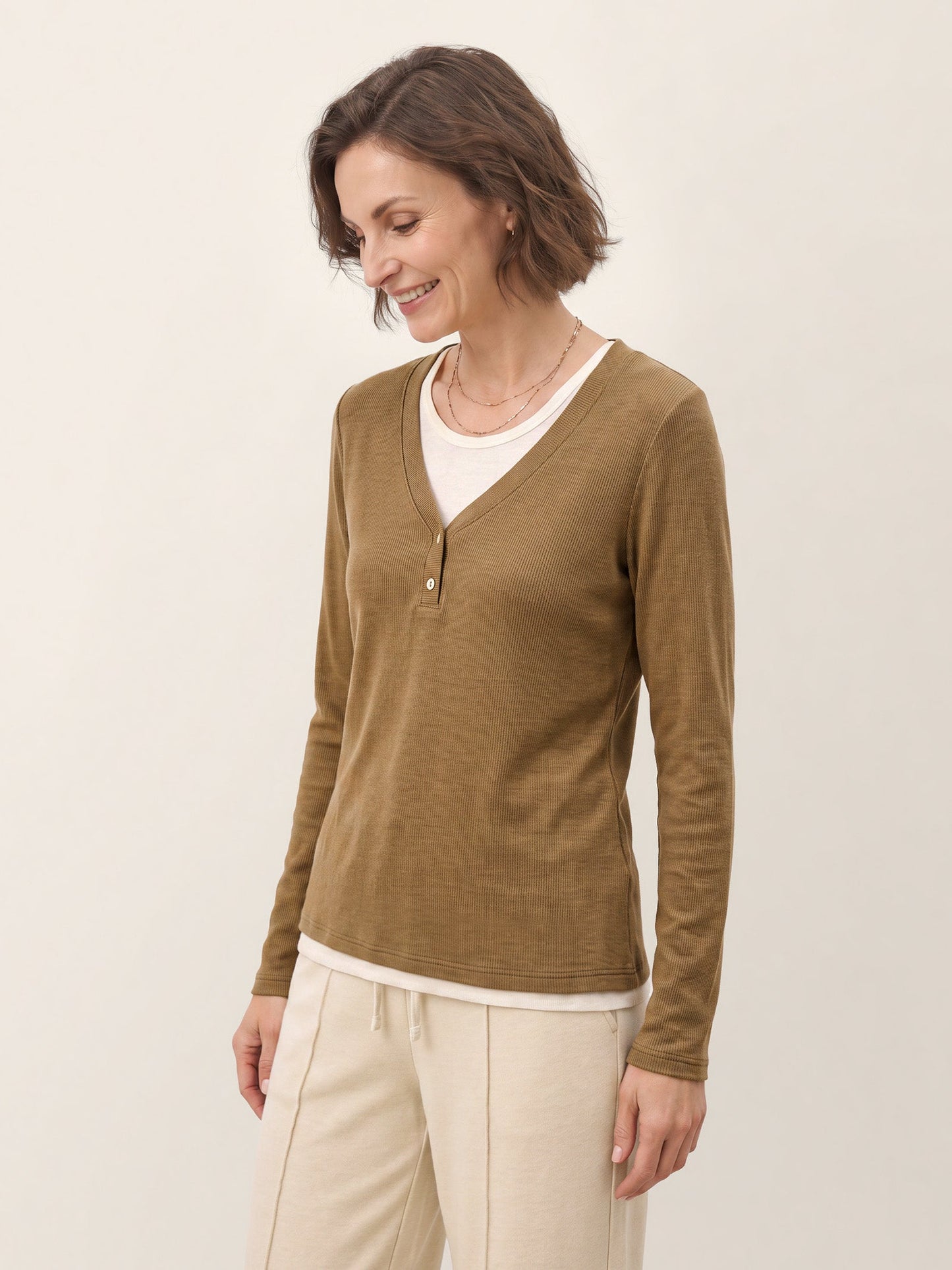 Lyocell Wool Layered Look Button Placket Top SABRINE