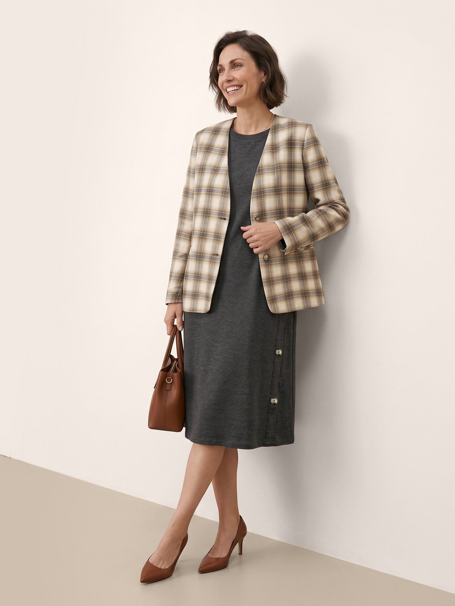 Lyocell Wool Side Button A Line Knit Midi Dress MIRENA