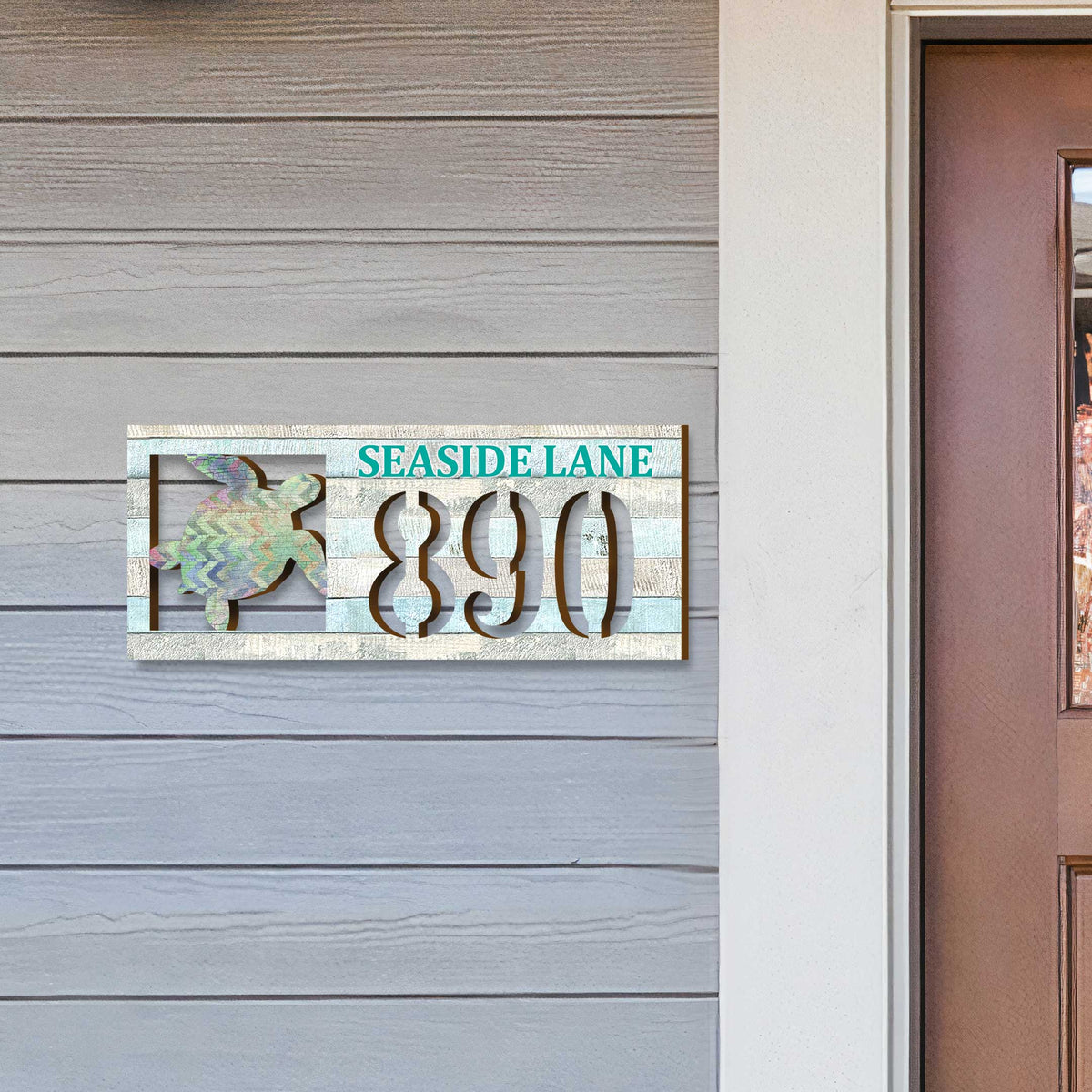 Handcrafted Sea Turtle Coastal Address Sign – Custom House Number & Street Name Plaque – Horizontal Address Plaque for Porch or Entryway MA989805-2