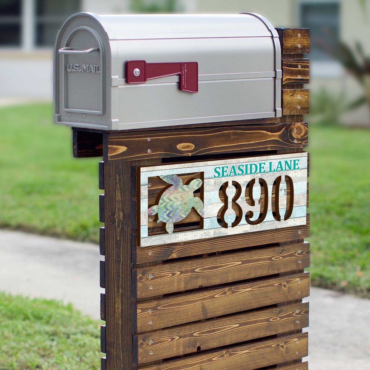 Handcrafted Sea Turtle Coastal Address Sign – Custom House Number & Street Name Plaque – Horizontal Address Plaque for Porch or Entryway MA989805-2