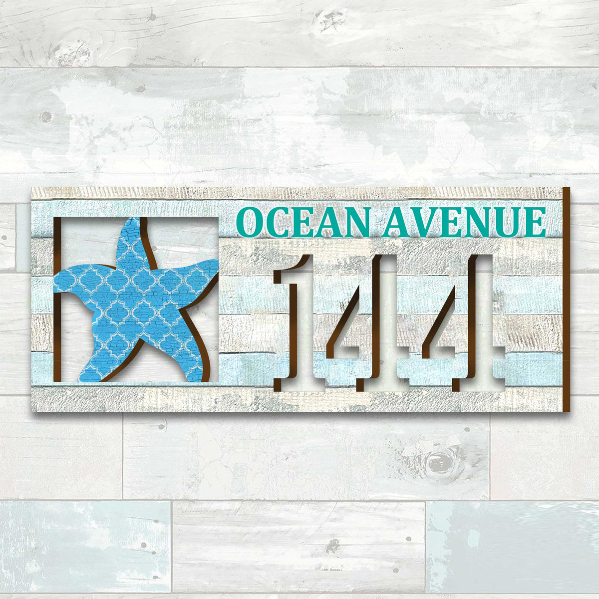 Handcrafted Coastal Starfish Address Sign – Custom House Number & Street Name Plaque – Horizontal Address Plaque for Porch or Entryway MA989806-2