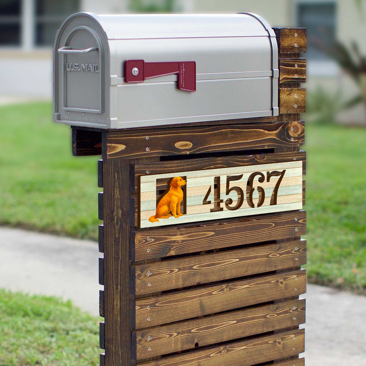 Handcrafted Golden Dog House Number Sign – Custom Home Handcrafted Wooden Address Sign MA989827