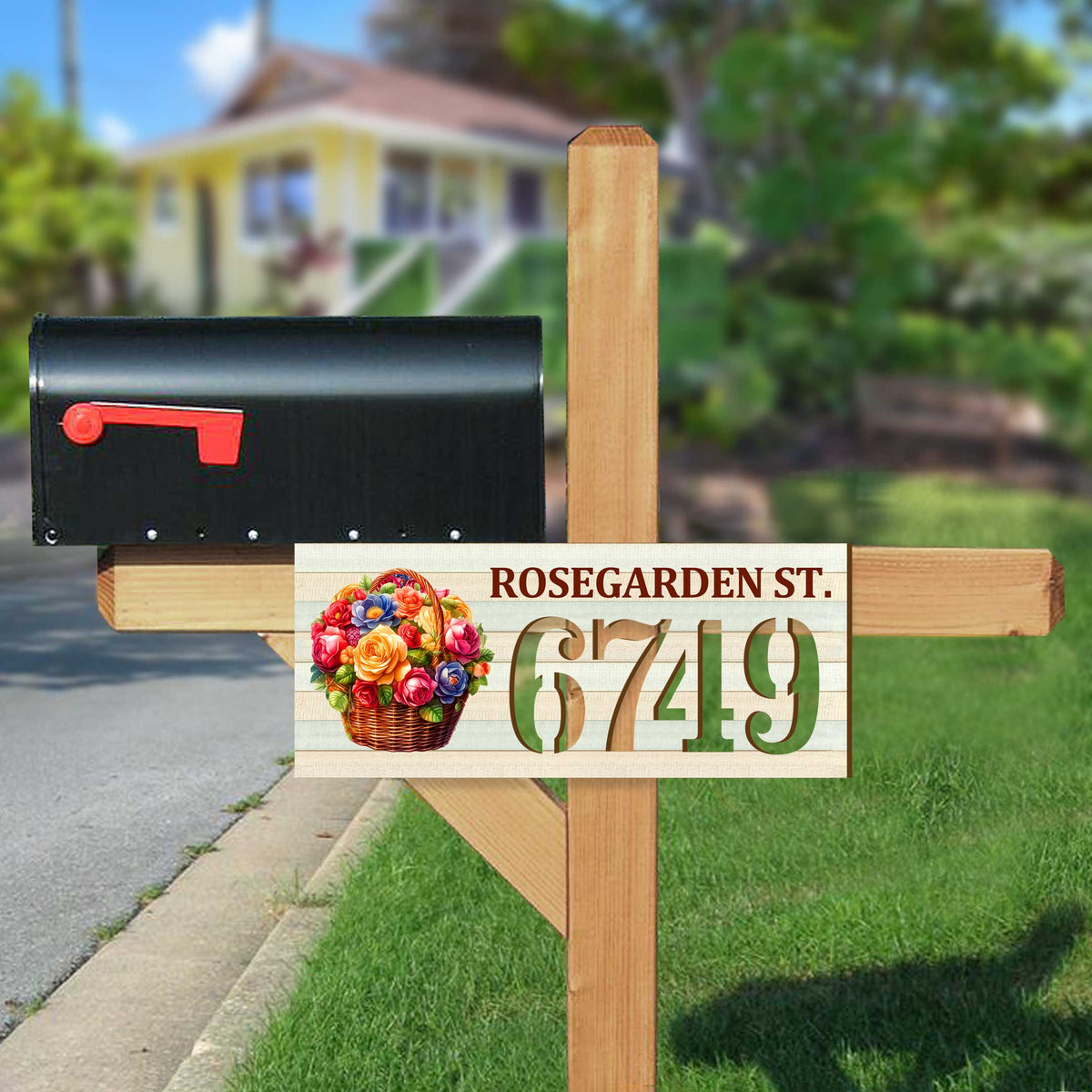Handcrafted Floral Basket Address Sign – Custom House Number & Street Name Plaque – Horizontal Address Plaque for Porch or Entryway MA989832-2