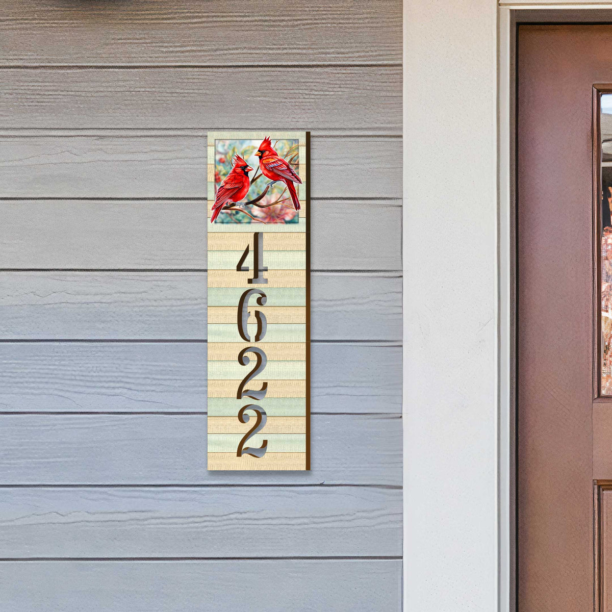 Handcrafted Wooden House Number Sign with Cardinals – Vertical & Horizontal Address Plaque for Porch or Entryway MA989833