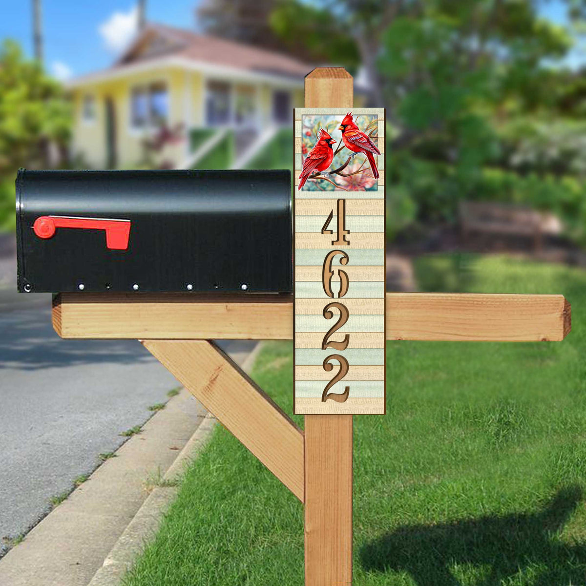 Handcrafted Wooden House Number Sign with Cardinals – Vertical & Horizontal Address Plaque for Porch or Entryway MA989833
